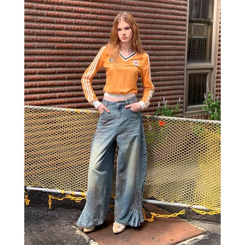 Autumn Loose Simple All-match Wide Leg Pants Women Street Personality Design Y2K Jeans Popular Fashion New Jeans for Women