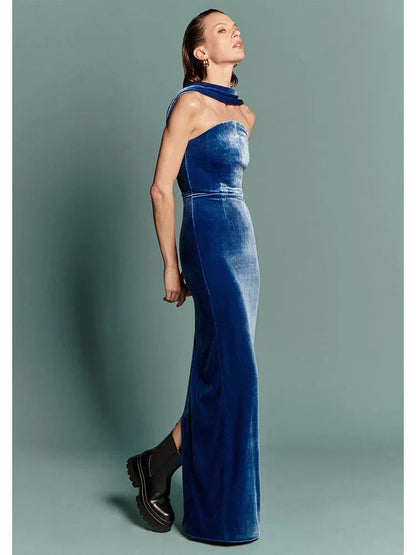 Velvet Halter Collar Strapless Bodycon Maxi Gown