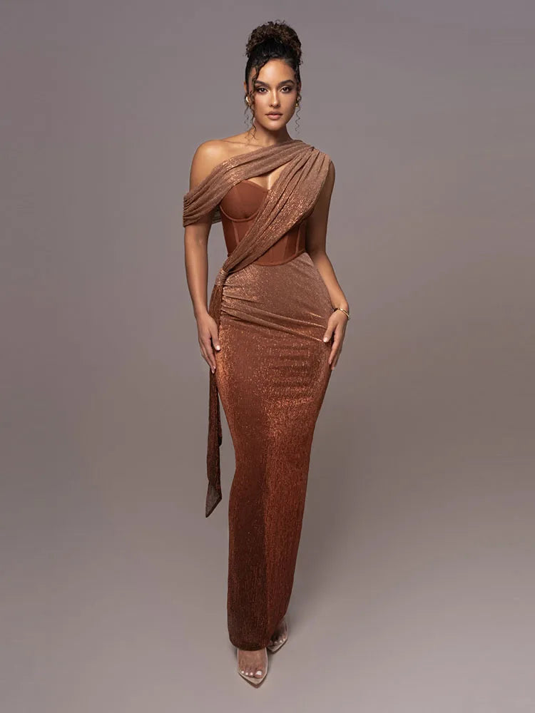 One Shoulder Draped Glitter Corset Maxi Gown