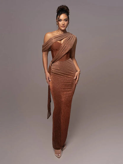 One Shoulder Draped Glitter Corset Maxi Gown