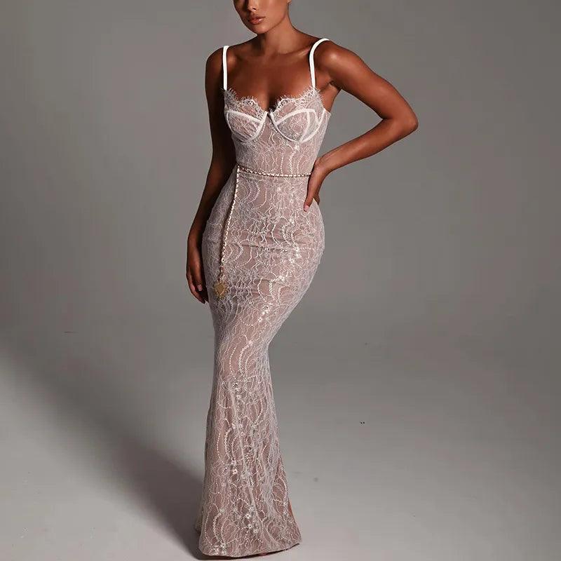 Sweetheart Neck Spaghetti Strap Lace Corset Chain Belt Maxi Dress