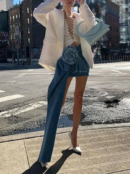 Y2K Summer Skirt Women Korean Fashion Blue A Line Mini Bodycon Jean Skirts Sexy Streetwear Floral High Waist Denim