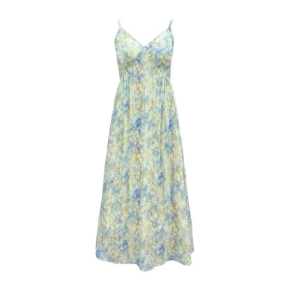 New Pink V-Neck Floral Print Halter Dress Women's Summer Vacation Style Long Dress Tea Break Sweet High Waist A-Line Skirt