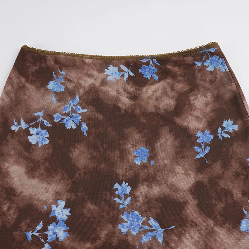 Women Vintage Brown Floral Print Midi Skirt High Waist Ruched Front Ruffle Hem Mermaid Skirt Elegant Slim Bodycon Mesh Mid Skirt
