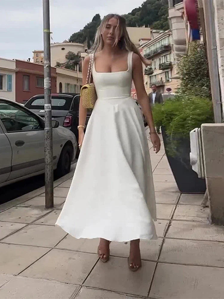 Solid Color Halter Long Dress Straps Slim Fit Sexy Square Neck Suspender High Waist Pleated Beach Dresses Women's Party Robes