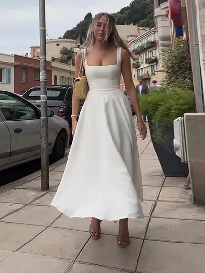 Solid Color Halter Long Dress Straps Slim Fit Sexy Square Neck Suspender High Waist Pleated Beach Dresses Women's Party Robes
