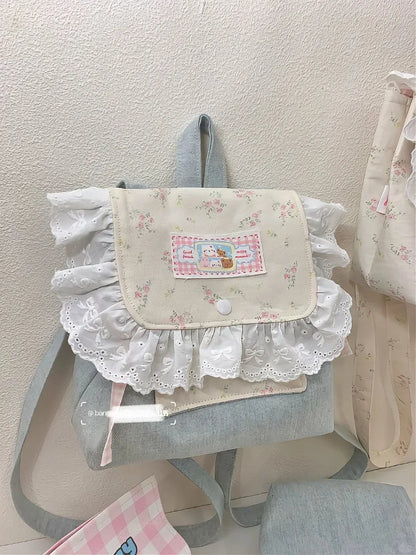 Retro Denim Large Capacity Canvas Bag Women New Lace Chic Sweet Cute Mini Backpack Female Harajuku Y2k Mochila Aesthetic