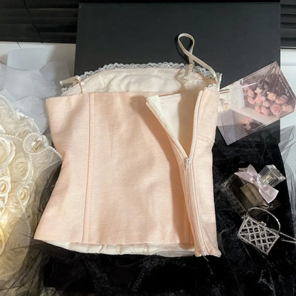 Spicy Girl Pink Tank Top for Women Summer Chest Pads Lace Treim Suspender Camisole Unique Lace-up Y2k Tops Camison Verano
