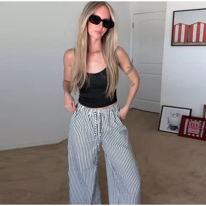 Striped Drawstring Wide Leg Pants Elastic Waist Lightweight Trousers for Summer Office Casual Vacation Wear Women Slack