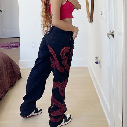 Ladies Fashion Y2k Baggy Black Wind Dragon Printed Woman High Waist Straight Leg Jeans Graphic Streetwear Denim Trousers
