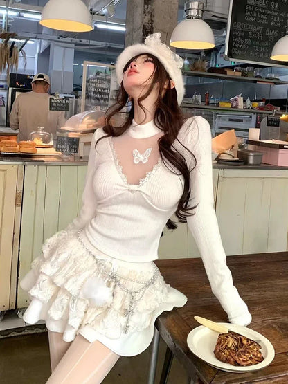 Y2K Cropped Black Sweater Women Harajuku Embroidery White Knitted Pullovers Gyaru Grunge Mesh Lace Knitwears Winter Chic Jumpers