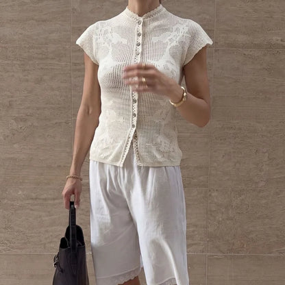 Women's Knitted T-Shirt Fashion Hollow Knitted Button Patchwork Bodycon Top New Casual Commuting Knit Women's Clothing