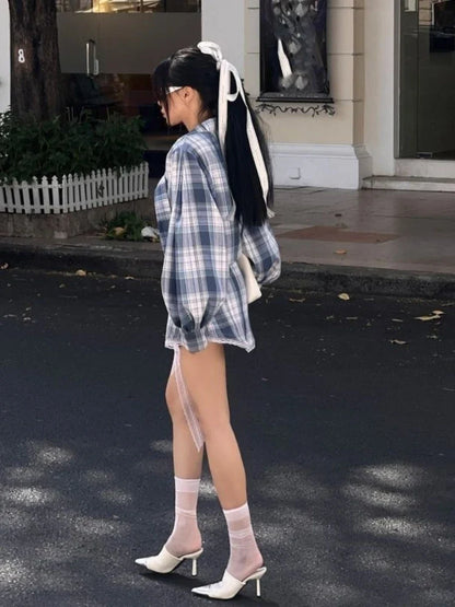 Elegant Plaid Dress Women Y2k Lantern Sleeve Low Waist Short Skirt Lace Up Summer Spring Harajuku Oversize Mini Dress