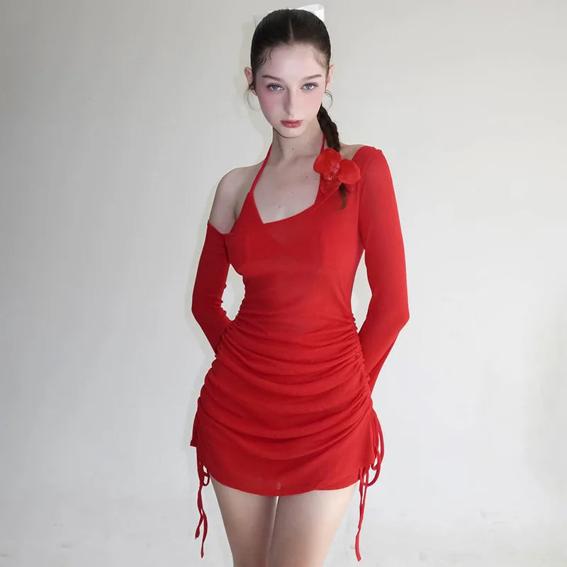 Halter Tie Flowers Fake Two Piece Dress Set Long Sleeve Draw String See Through Mesh Dresses Women Night Party Mini Dresses