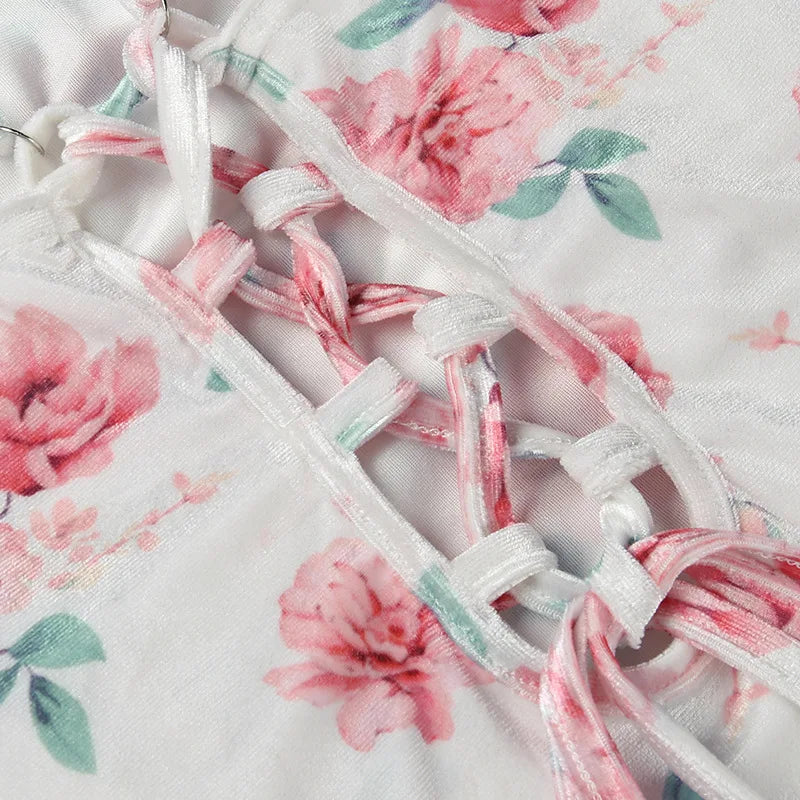Summer New Slim Sling Rose Print Dress Elegant Sexy Backless Slit Dress Lace-Up Pullover Women's French Style