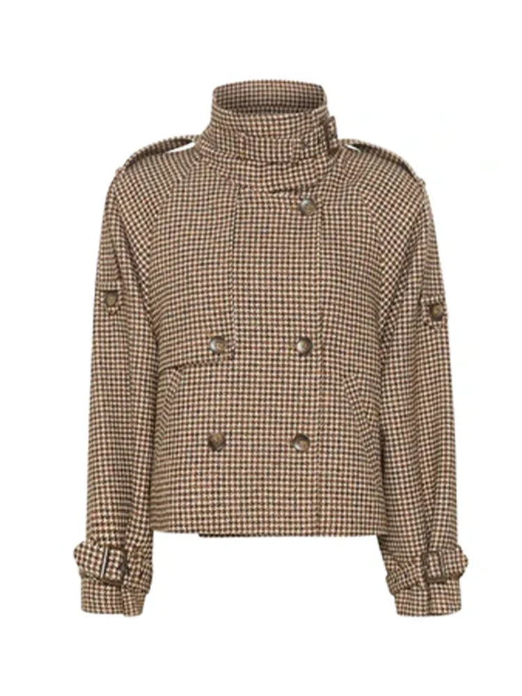 Elegant Lapel Checkered Coat Women Casual Buttons Double Breasted Long Sleeve Coats Female 2025 Autumn British Lady Jacket