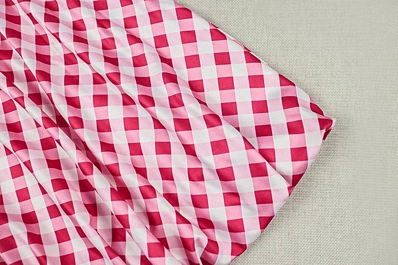 Cute Pink Checkered Mini Dress Square Neck Sleeveless Slim Waist Ruched Bubble Hem A-Line Summer Short Dress for Women