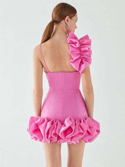 Square Neck One Shoulder Sculptural Ruffle Trim Flared Hem Mini Dress