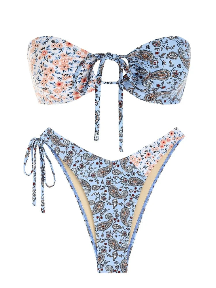 Multiway Floral Paisley Print Swimsuit For Women High Leg Bikini Swimwear Halter Bandeau Bikini Top And Tie Color Block