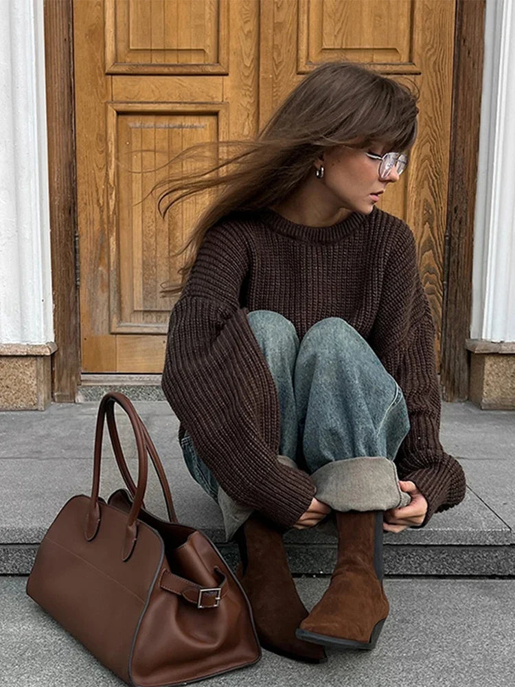 Vintage Women's Crochet Sweater Autumn Winter Loose O-neck Long Sleeve Solid Pullover Lady Knit All-match Knitwear Female Casual