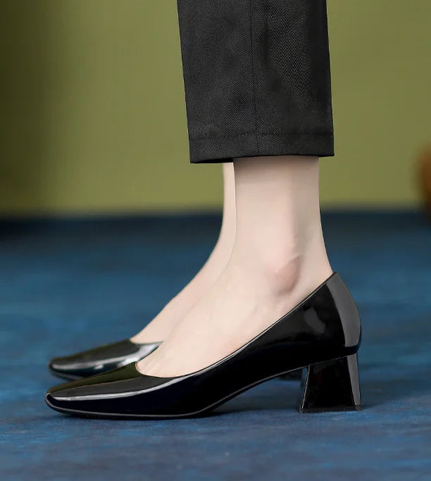 Women Novelty Shoes Square Toe Patent Leather New Arrivals Slip-On Black Wine Beige Chaussures 5cm Thick Heels Pumps For OL 43 7