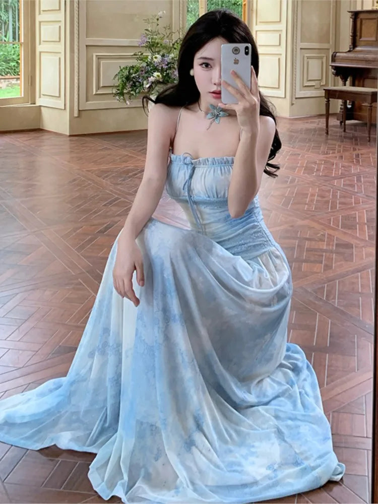 Holiday Beach Vintage Printed Backless Long Blue Dress Women Summer Spaghetti Strap Elegant Fairy Dress Evening Party Dresses