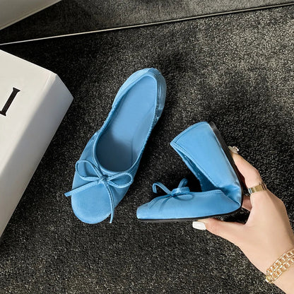 Woman Flats Satin Basic Style Round Toe Ballet Shoes Slip On Woman Soft Flats Spring Autumn Daily Bowtie Loafers