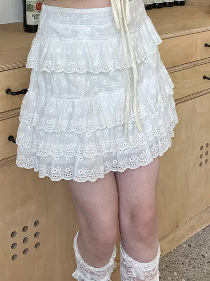 Cotton Shorts Skirt Women Lace Embroidery Elastic Waist Cute Mini Cake Skirt for Sweet Girls Lolita Style Kawaii Clothes