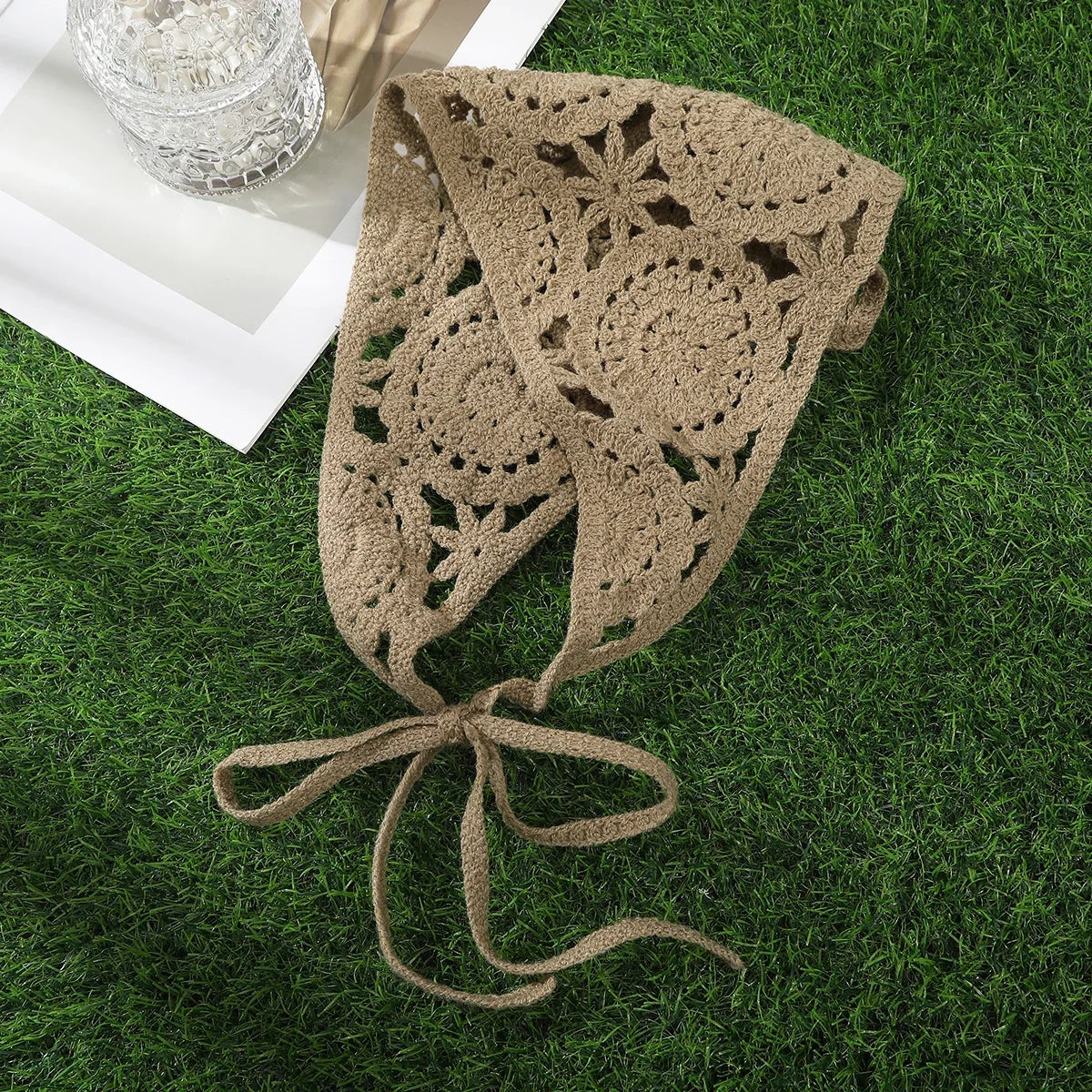 Spring Summer Knitted Triangle Headband Handmade Crochet French Pastoral Flower Headband Towel Little Flower Headscarf