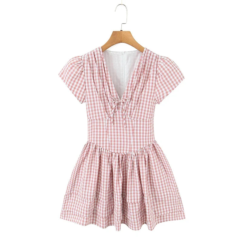 Casual Short Plaid Dresses For Women Vintage Puff Sleeve V Neck A-line Mini Vacation Dress 2026 Summer Robe