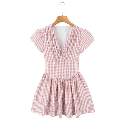 Casual Short Plaid Dresses For Women Vintage Puff Sleeve V Neck A-line Mini Vacation Dress 2026 Summer Robe