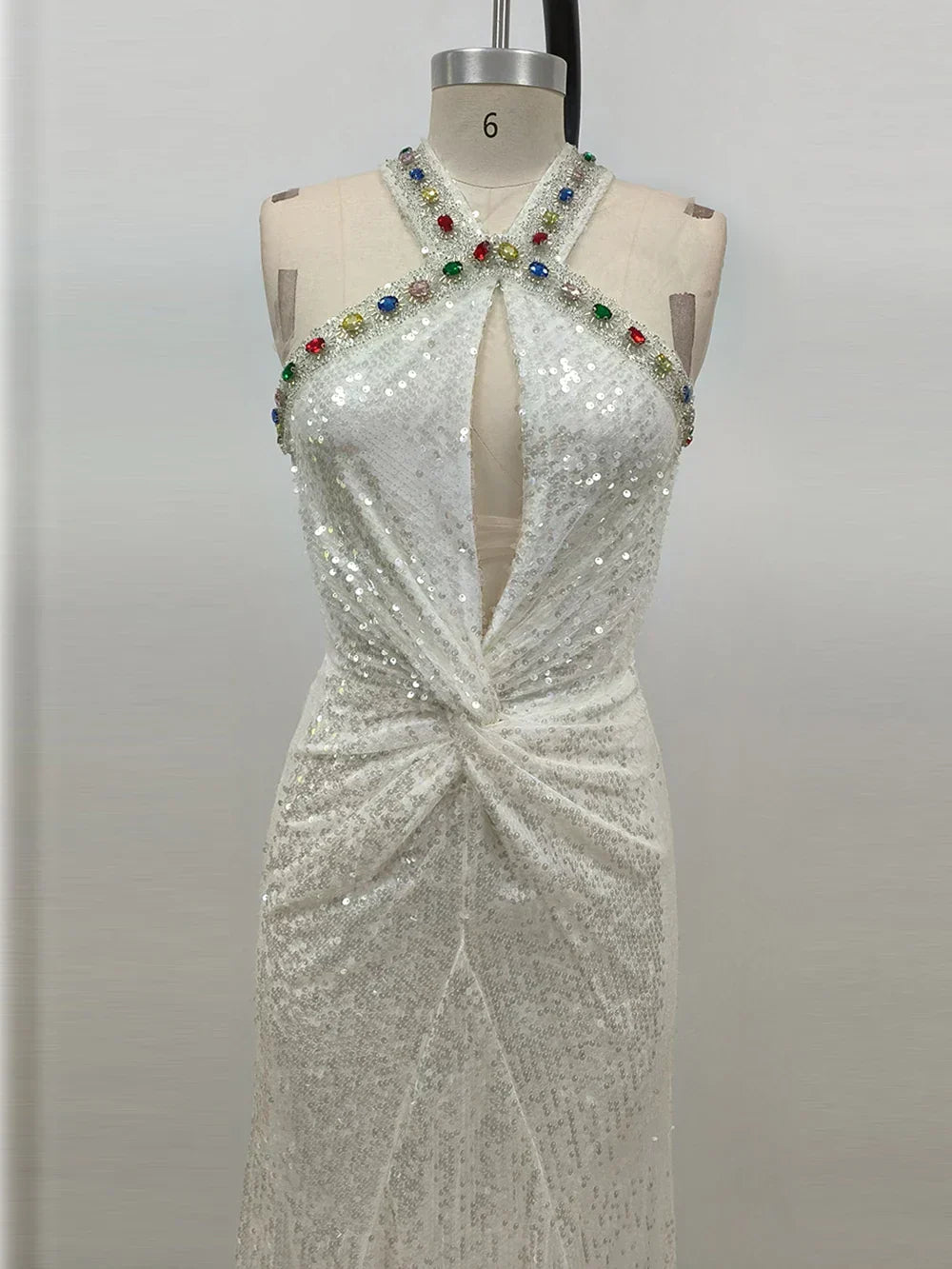 Halter Keyhole Rhinestone Trim Ruched Waist Sequin Mermaid Maxi Gown