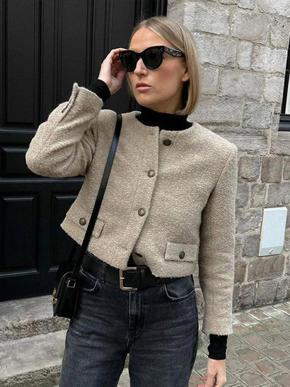 Retro Single-Breasted Short Tweed Coats Women Elegant Slim Fit Solid O-neck Pockets Jackets Autumn Casual Chic Street Outwear