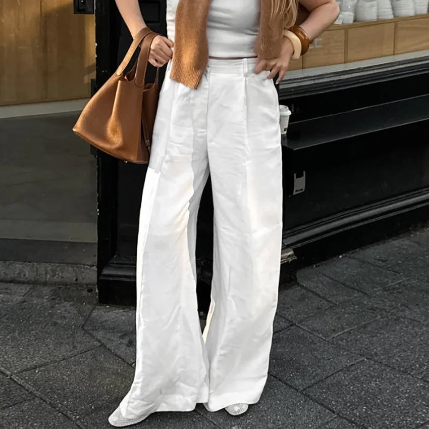 Spring Summer Fashion High Waist Wide Leg Pants Loose Pocket Cotton Linen Casual Pants Women's White Pants