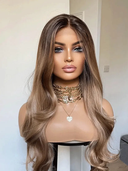 Honey Blonde Lace Front Wig Heat Resistant Premium Synthetic Lace Front Wig Brown Blonde Mix Wig For Woman Long Wavy