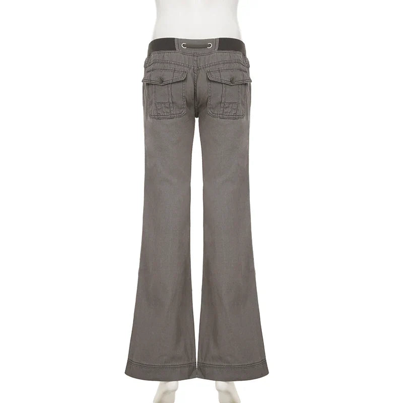 Vintage Low Drawstring Waist Jeans Women Contrast Patchwork Multi Pocket Denim Trousers Boot Cut Pants Y2K Aesthetic