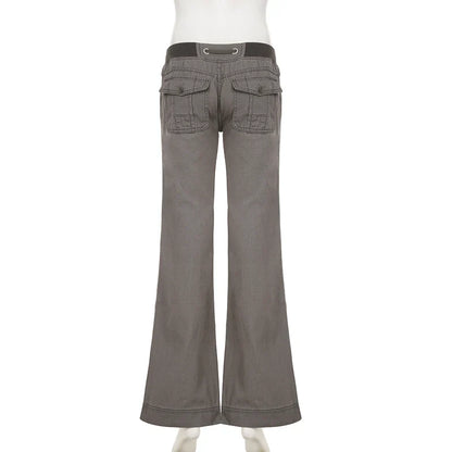 Vintage Low Drawstring Waist Jeans Women Contrast Patchwork Multi Pocket Denim Trousers Boot Cut Pants Y2K Aesthetic