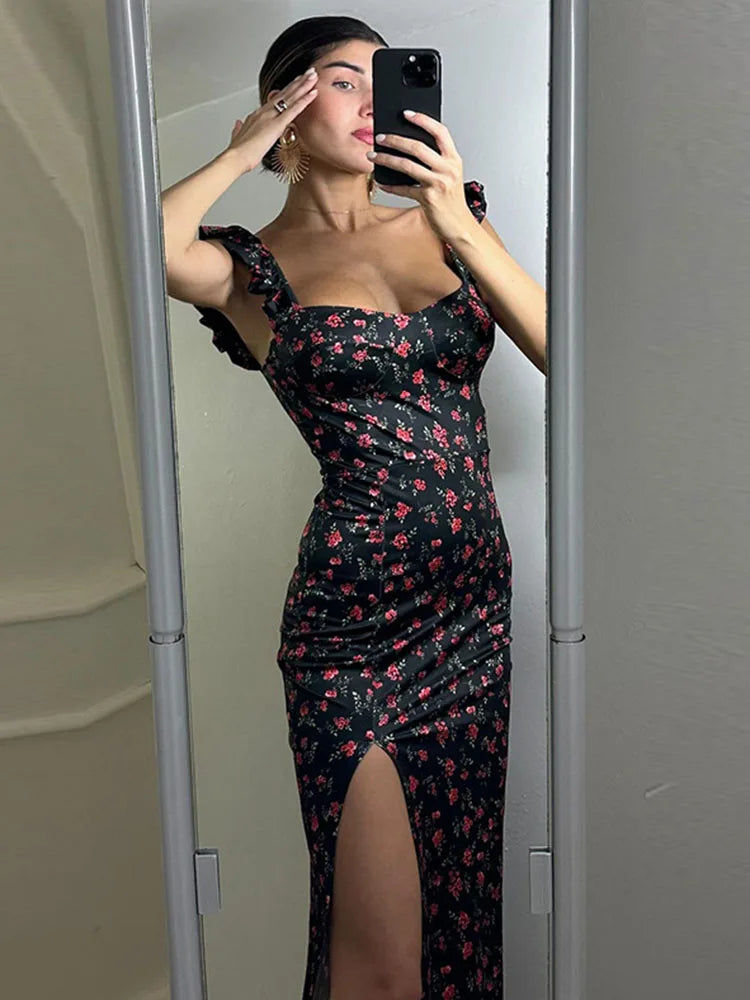 Printed Slit Backless Long Dress Women's Elegant Lace Contrast Color Slim Sleeveless Hip Summer Evening Dress Long Dress