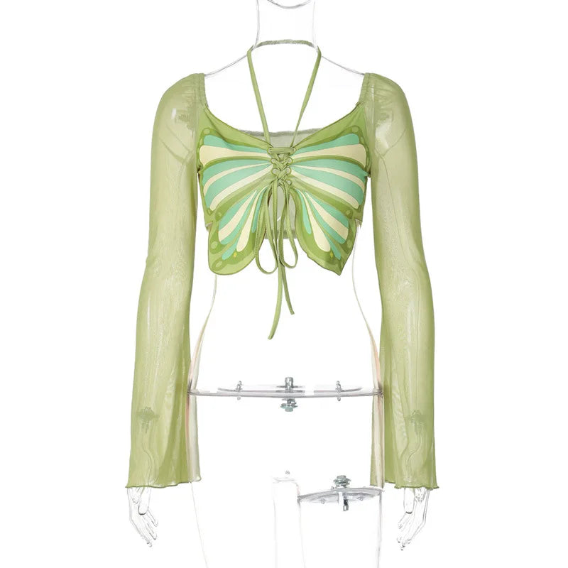 Long Sleeve Patchwork Mesh Halter T Shirts Butterfly Drawstring Summer T Shirts Lady Sexy Streetwear Cropped Tops Women Clothing