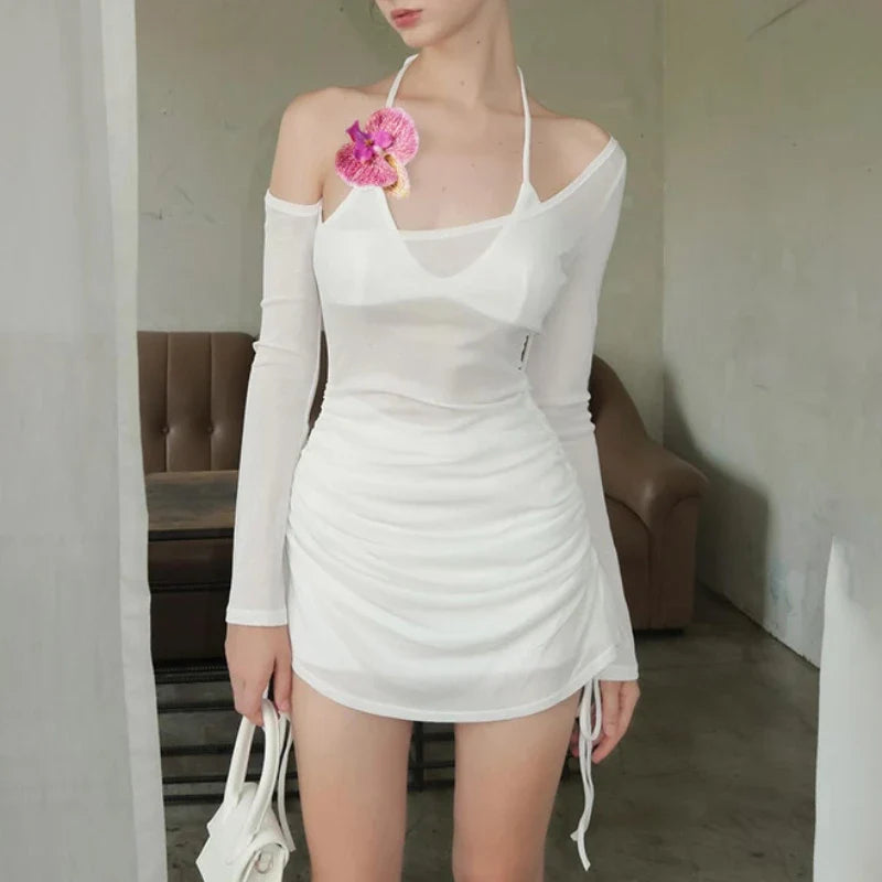 Halter Tie Flowers Fake Two Piece Dress Set Long Sleeve Draw String See Through Mesh Dresses Women Night Party Mini Dresses