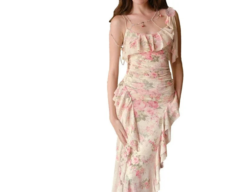 Spring New Women's Clothing Temperament Ruffle Edge Floral Suspender Skirt Design Waist Irregular Dress