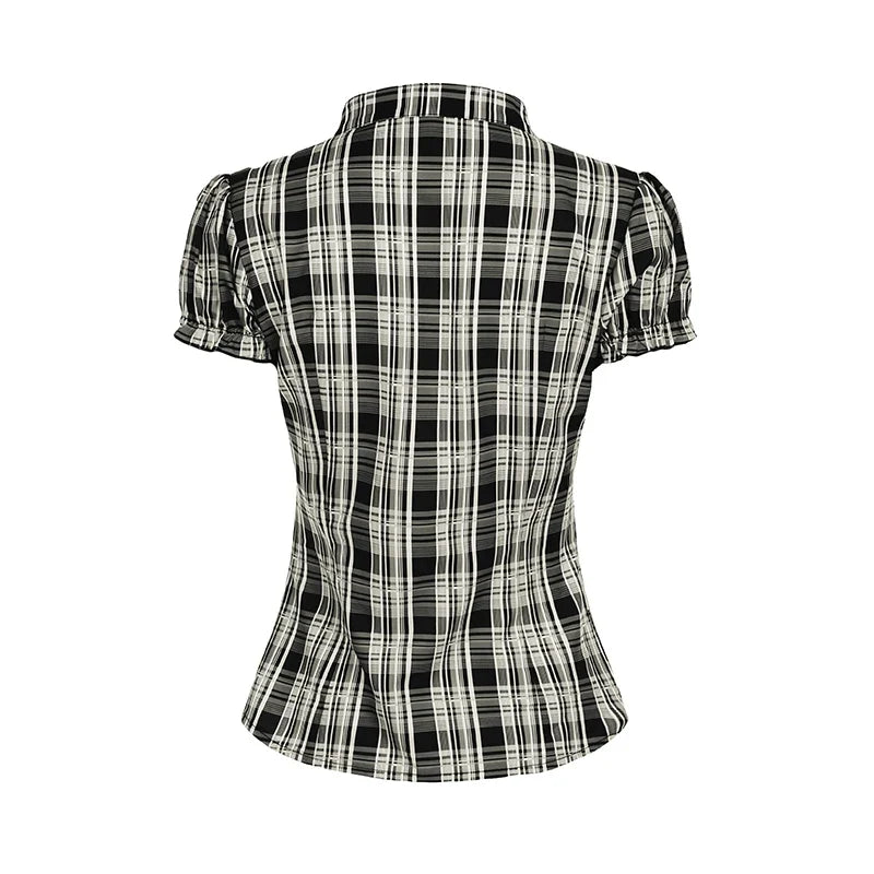 French Chic Ruffles Elegant Women T-Shirts Simple Fashion Slim Fit All-Match Plaid V-Neck Blouses