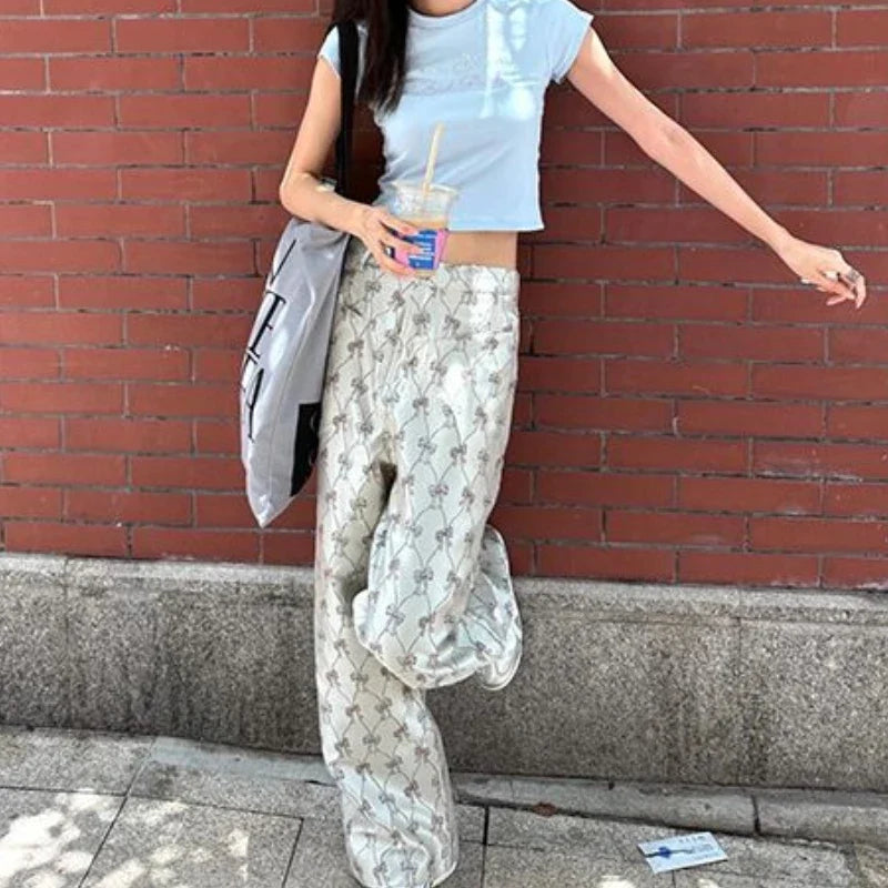 Y2k Vintage Baggy Pants Woman America Retro Casual Wide Leg Bow Print Trousers Sweet Harajuku High Street Pantalones