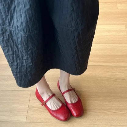 Retro Round Head Red Single Shoes Shallow Mouth One-word Buckle with Engraved Small Leather Shoes Flat Mary Jane Shoes