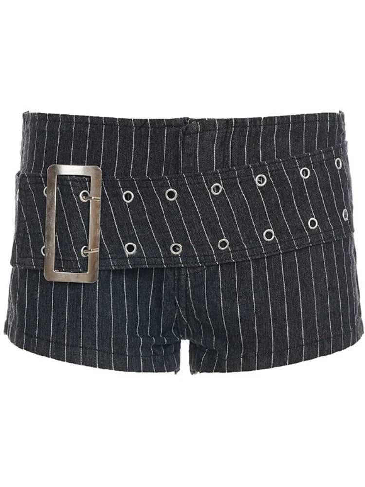 Y2K Striped Denim Shorts Women Summer Streetwear Sexy Hot Pants Metal Eyelet Belt Short Jeans Casual Party Club Outfits