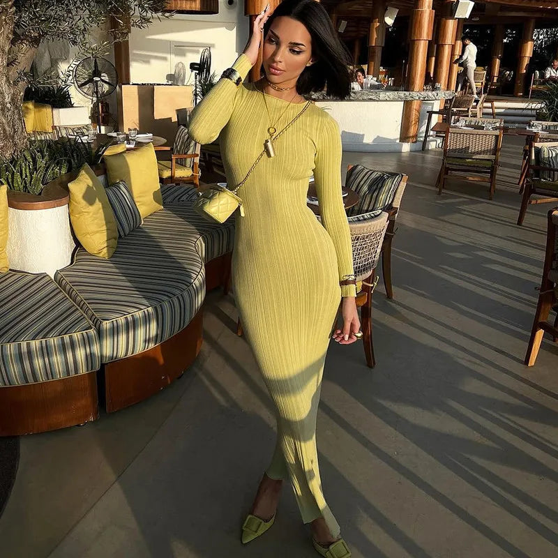 Rib Knit Crew Neck Long Sleeve Bodycon Maxi Dress