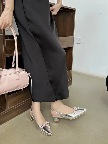 Women's Shoes Silver Block Heels Closed Toe Sandals Shallow Mouth 2025 Summer Chunky Bow Open Retro Pointed Girls New Butterfly-