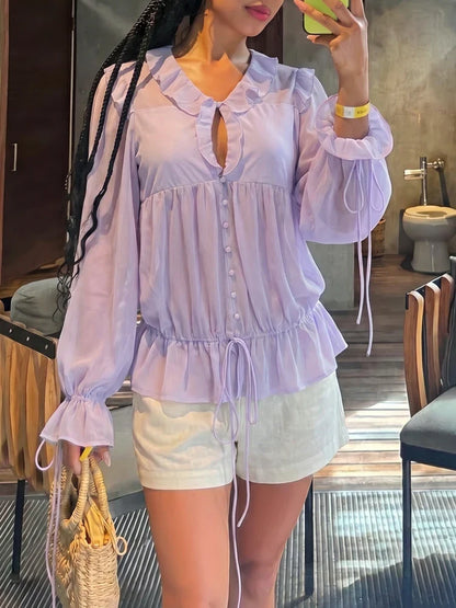 Puss Sexy Pleat Bandages Mesh T-Shirt Women Sexy Ruffled Patchwork Hollow Single-Breasted Trend Vacation Party Street Tess