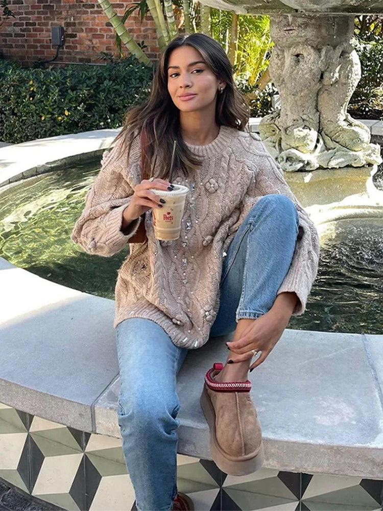 3D Flower Knit Pullover Women Loose Fashion Sequin Round Neck Long Sleeves Jumper Female Autumn Winter Warm Knitwears Lady
