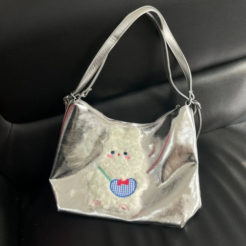Vintage Y2k Womens Tote Bag Cute Bunny Patchwork Silver Fashion Shoulder Bag Pu Leather Large Capacity New Casual Backpack